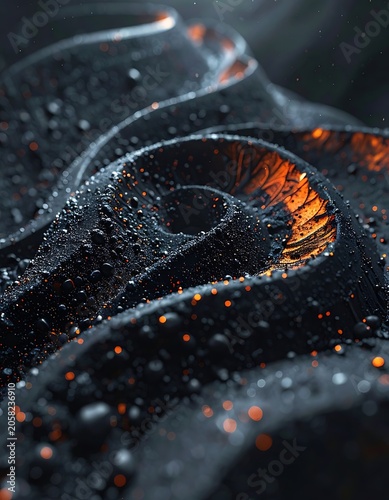 A dark, abstract, swirling pattern with orange accents and water droplets