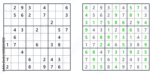 Cuadro en lienzo Sudoku puzzle grid with numbers filled in and on a white background