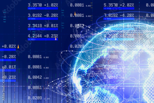 Digital global network with financial market data, stock charts and real time analytics. Fintech, investment technology, trading platform and global economy concept for business intelligence.