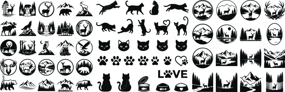Fototapeta premium Large collection of forest animal silhouettes and mountain landscape badges for rustic outdoor branding projects