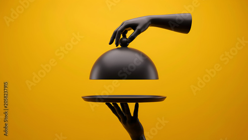 Black mannequin hand lifting a black cloche lid from a black plate, set against a vibrant, solid orange background, for food presentation