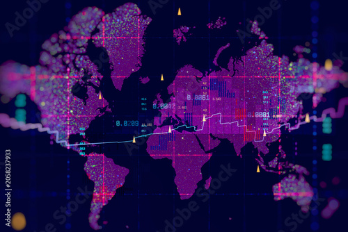 Global market analytics visualization with world map, financial charts and digital data points on dark technology background. International trading, economic intelligence and investment concept.