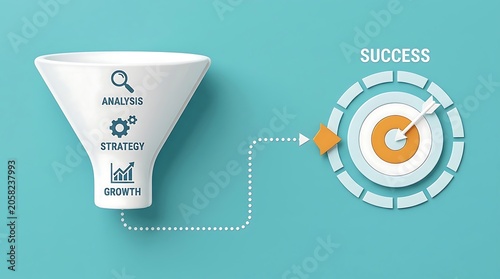 Conceptual illustration of a business process funnel showing analysis, strategy, and growth leading to achieving a successful target goal.