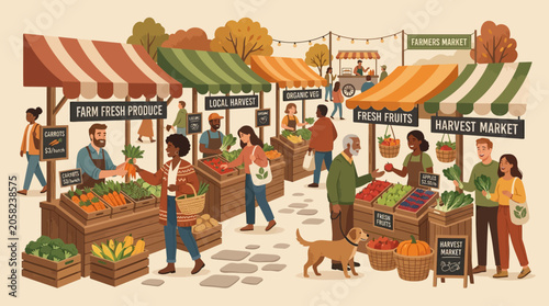 People shopping at outdoor farmer market.