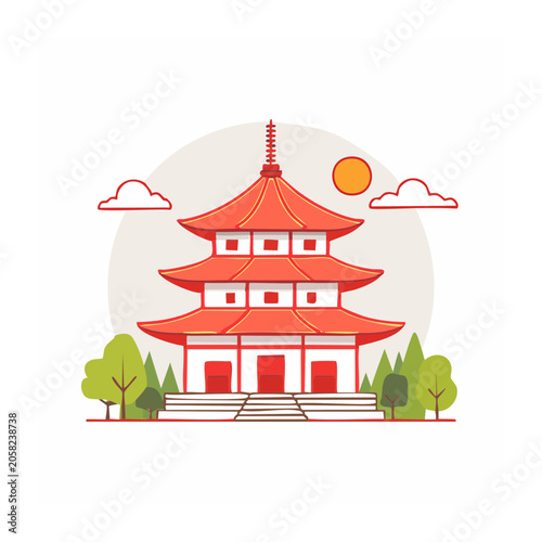Flat design red house with trees and sun