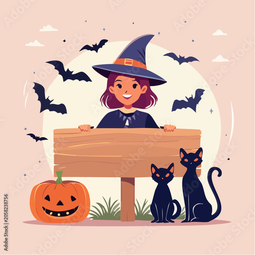 Halloween Witch with Pumpkin, Cats, Bats and Signboard