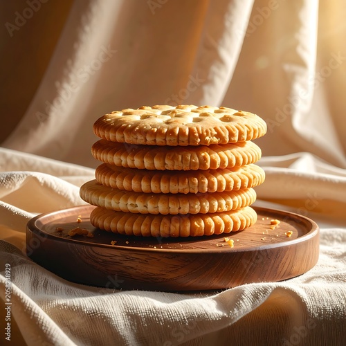 A stack of golden-brown biscuits on a wooden plate