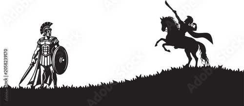 Tableau sur toile Spartan Gladiator and Mounted Cavalry Warrior Battle Vector Silhouette