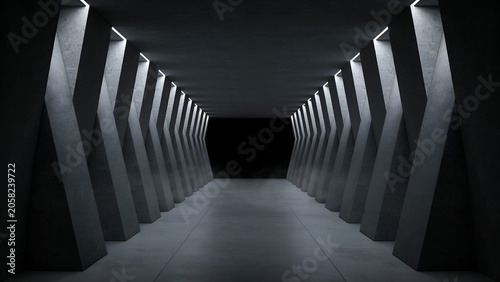 Dark concrete corridor with repeating geometric pillars and soft white linear lighting, perspective view of an empty industrial hallway tunnel
