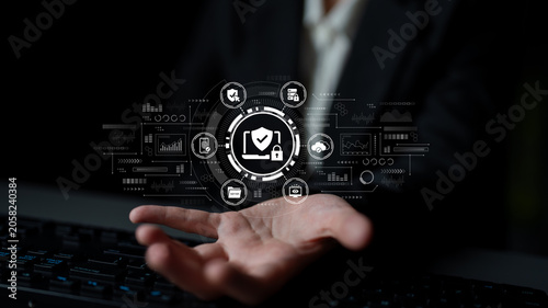 Canvas Print Man in Formal Attire Holding Digital Interface Illustration with Security Symbols and Graphs Representing Modern Technology and Data Privacy Concepts