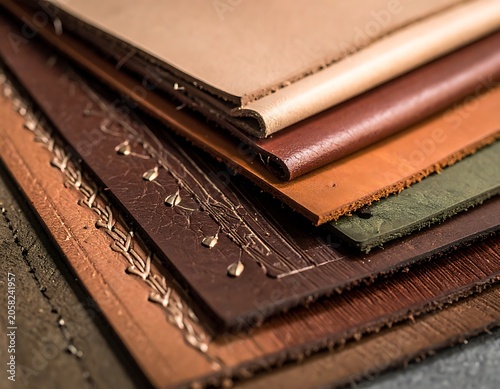 A stack of various colored leather sheets with stitched edges