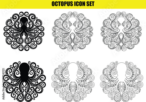 Obraz na plátně Octopus icon set black white and outline vector illustrations.