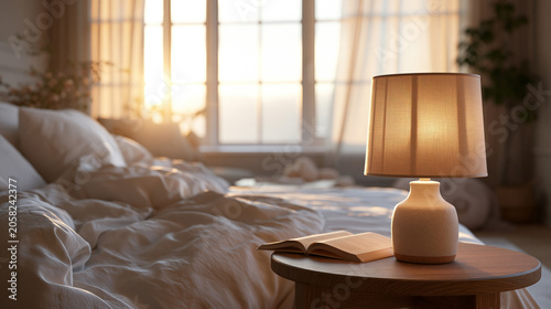 Warm Bedside Lamp on Round Nightstand in Cozy Bedroom at Sunset