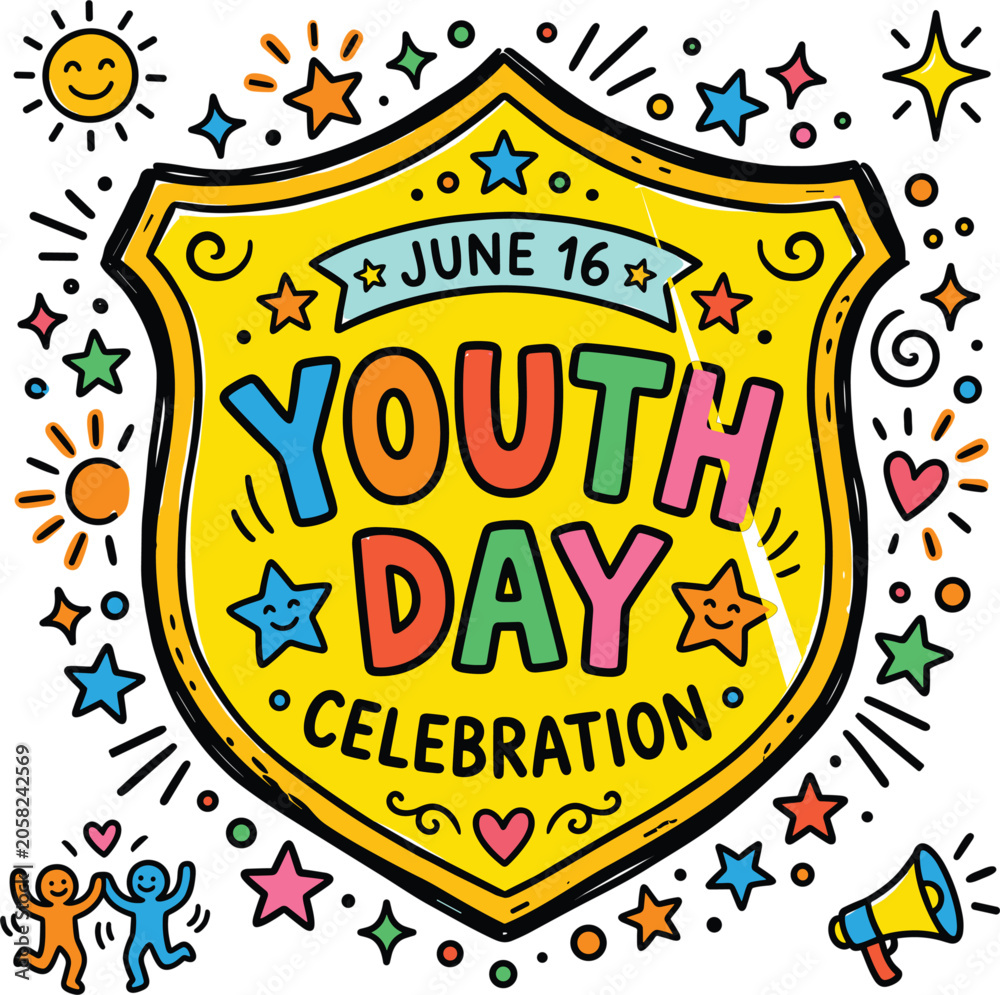 Obraz premium Youth Day Badge Yellow Shield Cartoon Sticker June 16 Celebration Doodle Clipart Colorful Stars Kids