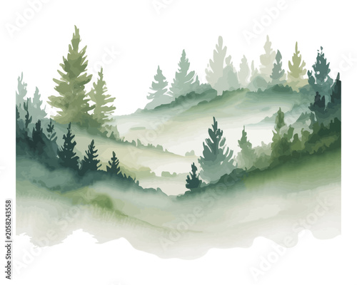Watercolor Forest Landscape Background, Misty Pine Trees Nature Scene,  isolated on white background