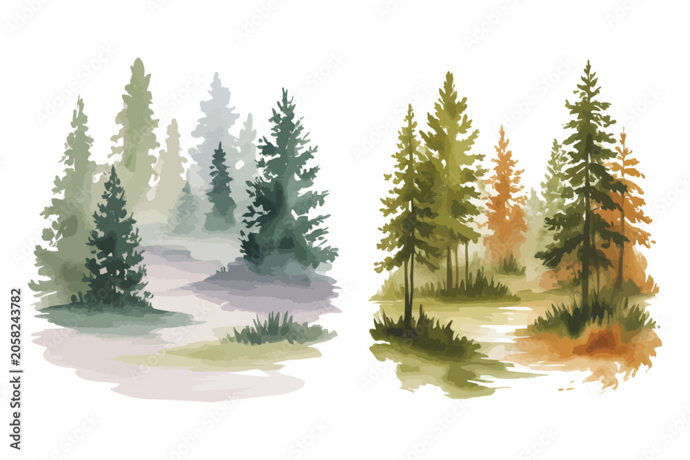 Obraz premium Watercolor Forest Landscape Background, Misty Pine Trees Nature Scene, vector illustration isolated on white background