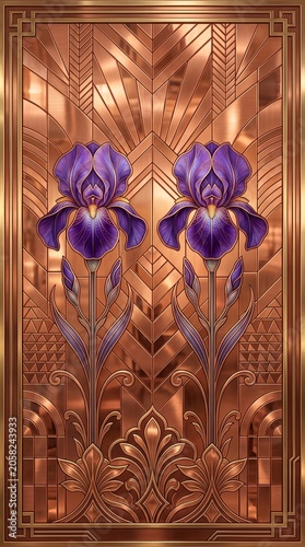 Art Deco Iris Flowers Stained Glass Design