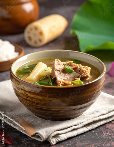 A steaming bowl of savory soup with chunks of meat and green onions