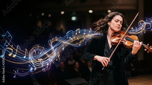 Violinist Performing with Musical Notes in Concert Hall