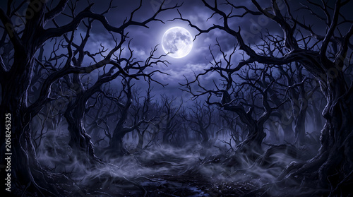 Twisted dark leafless trees stand within a mysterious foggy forest landscape illuminated by a brilliant full moon glowing brightly in the deep blue night sky atmosphere