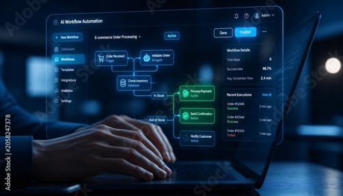 AI Workflow Automation System with Digital Process Flow, Data Management Interface and Business Technology Concept