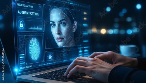 AI Biometric Security Authentication with Facial Recognition, Fingerprint Scan and Secure Identity Verification Interface