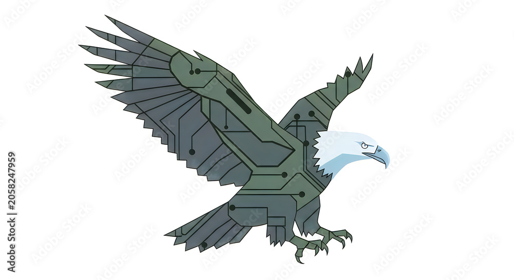 Fototapeta premium Geometric eagle, stained glass bird, green and gray wings, white head isolated on White Background