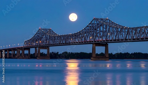 A steel bridge spans a body of water under a full moon