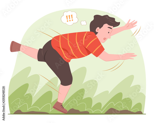 Young Teenage Boy Stumbles Over Stone on Pavement while Walking in Garden for Accident and Physical Injury Concept Illustration Clip Art