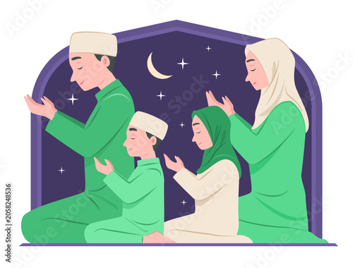 Muslim Family Member Praying to the God in Mosque on Nighttime for Islamic Religious Ritual Concept Illustration Clip Art