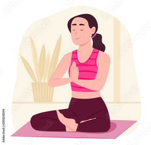 Healthy Woman Practicing Yoga Meditation at Home for Mental Well Being, Healthcare and Exercise Concept Illustration