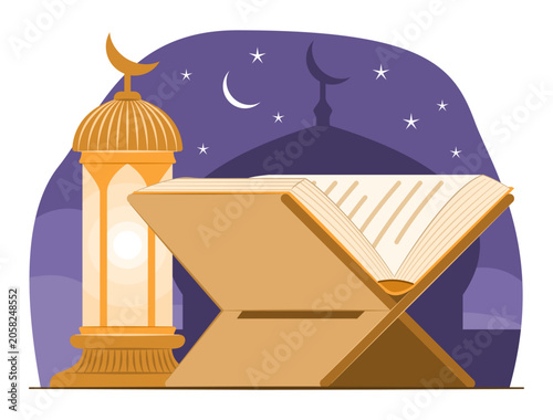 Al-Quran Puts on Wooden Book Stand with Arabian Lamp Beside for Islamic Scripture Holy Book and Religion Items Concept Illustration Clip Art