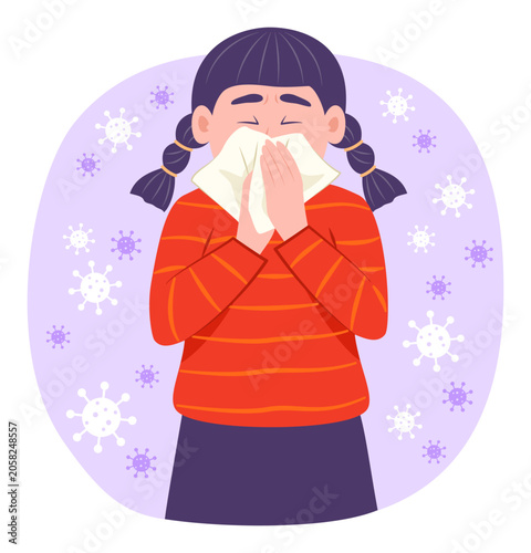 Sick Kid Girl Blowing Nose into Handkerchief and Flu Virus Around Her for Fever and Illness Concept Illustration Clip Art