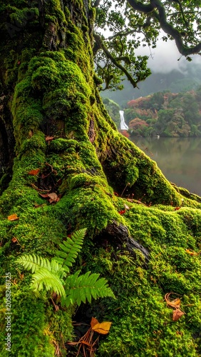 A moss-covered tree trunk beside a serene body of water