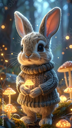 A whimsical rabbit holds a glowing orb in a mystical forest
