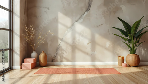 Serene yoga room with plants and decor on wooden floor