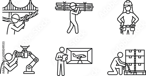 Foto Line art icons depicting diverse professional occupations including construction