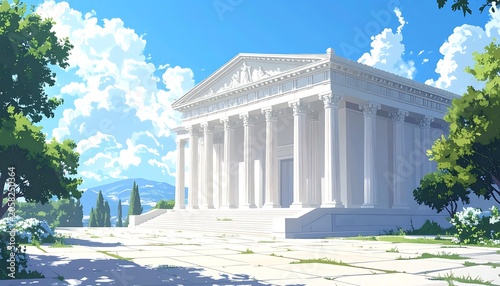 A white building with columns surrounded by trees and a blue sky
