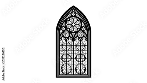 Fotografie Gothic Window Arch: A detailed illustration of a black gothic window arch featuring intricate geometric patterns and ornate tracery, evoking historical grandeur and architectural artistry
