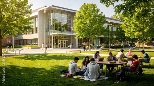 Students Gather Outdoors on a Sunny Day Near University Building.