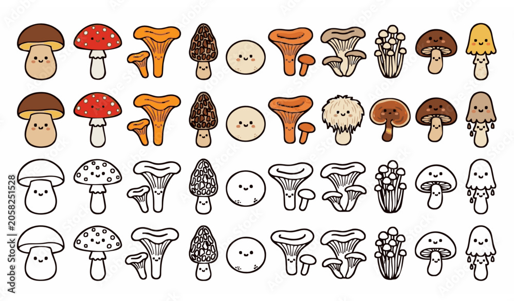 Fototapeta premium Hand drawn mushroom color and outline vector set for kids coloring pages and activities