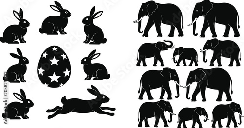 Canvas Print Black and white silhouette animal set featuring rabbits Easter egg and elephant