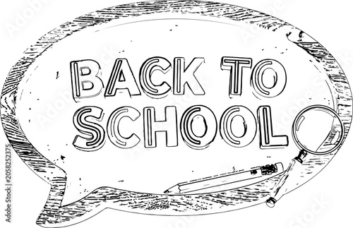Back to school hand drawn lettering with school supplies in speech bubble