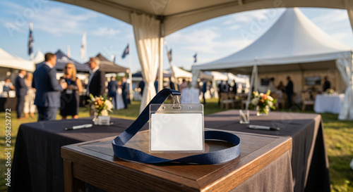 Blank ID Badge Holder on Table at Outdoor Corporate Networking Event Reception with Blurred Guests and White Tents in Background