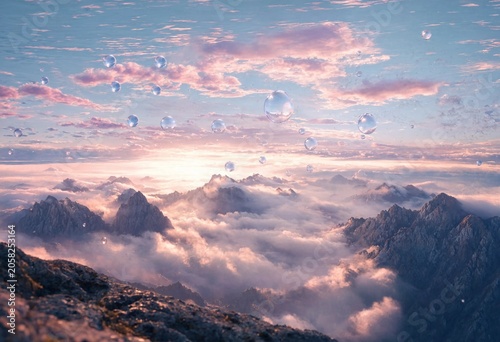 Sunrise and sunset over mountains with aerial city view under colorful sky, clouds and warm light in nature landscape