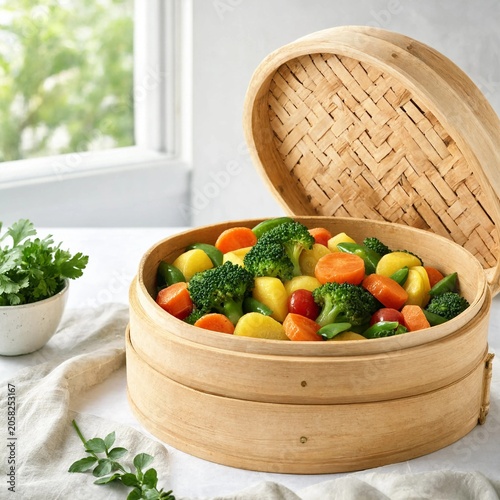 Fresh organic vegetables in a wooden basket with tomatoes, cucumbers, peppers, onions and apple