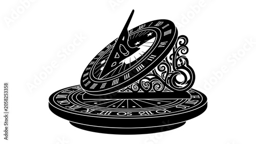 Schilderij op canvas Ornate Sundial: An intricate sundial with Roman numerals and decorative scrollwork displays the passage of time in a classic, elegant design