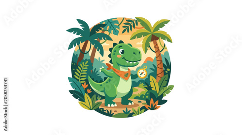 Green dinosaur explorer with backpack in tropical jungle.