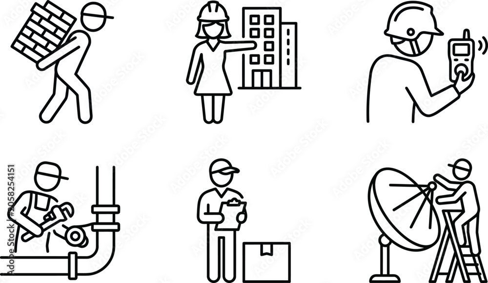 Fototapeta premium Construction and industry icons representing workers in various professions like builders engineers and technicians flat vector design for business and service concepts