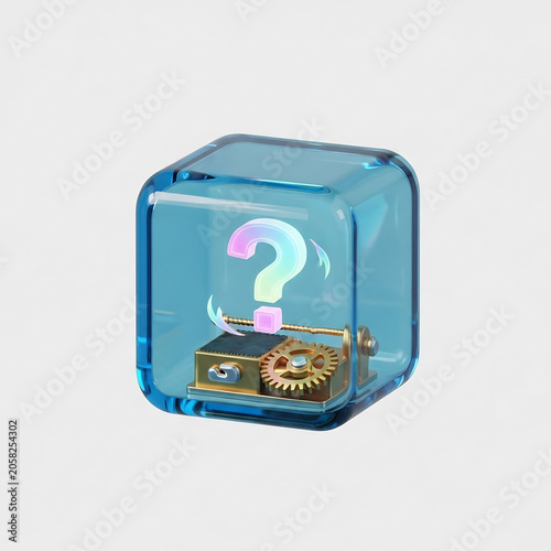 Mystery glass cube with a mechanical question mark